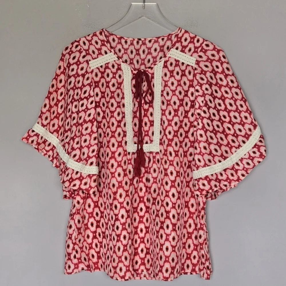 Kate Spade 100% Silk Posy Ikat Bohemian Red Patterned Women's Top